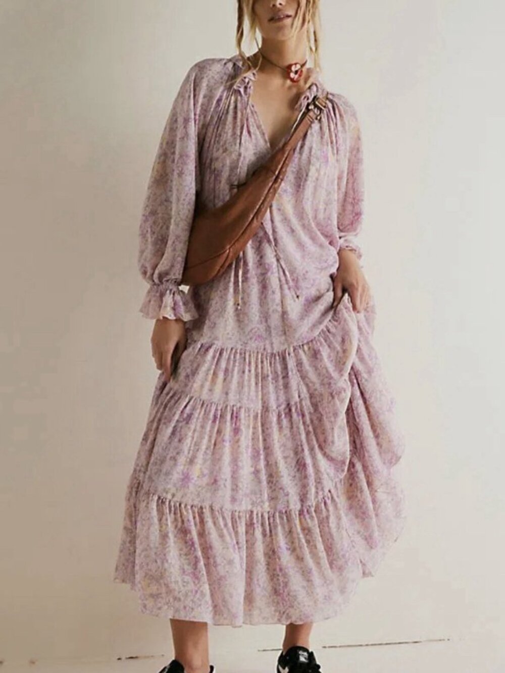 Free People Feeling Groovy Maxi Dress Floral Flowy Festival Boho Ruffle Hippie L